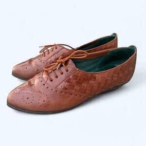 VTG Manelli Woven Pointed Toe Lace Up Oxford Leather Shoes 6 Preppy Hipster Boho